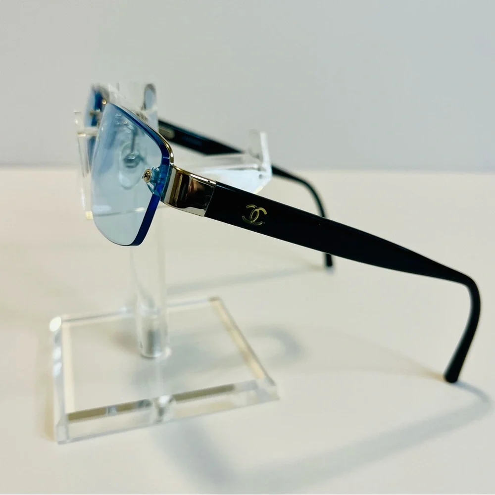 CHANEL 9221 Rimless Eyeglasses Frame Blue Lens Black Gold CC Unisex Made Italy - Picture 4 of 16